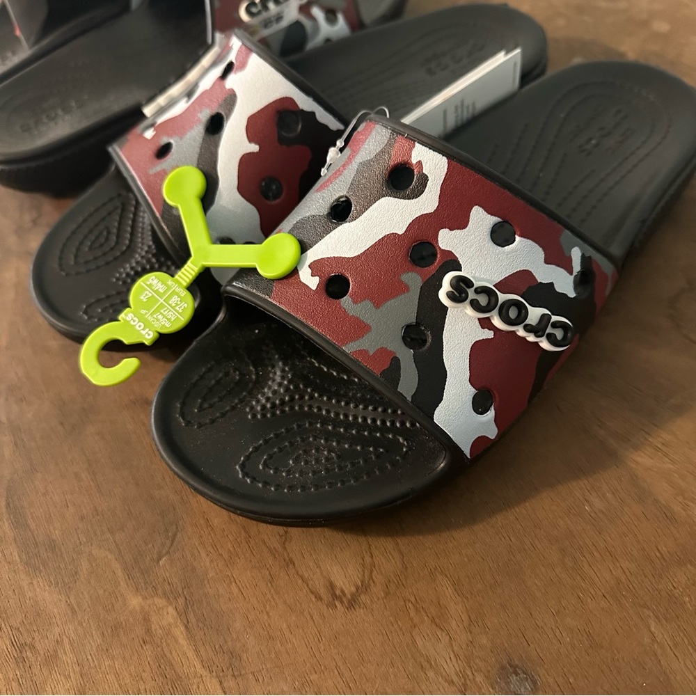 (SOLD) CROCS Red and Black Camo Slide Sandals